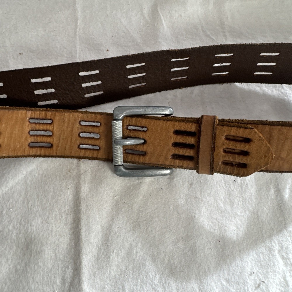 Vintage Leather Belt Biker Hippie 70's Triple Hole Slit Light Brown 38" Or Less